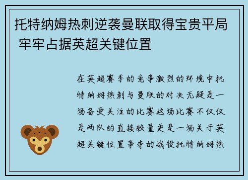 托特纳姆热刺逆袭曼联取得宝贵平局 牢牢占据英超关键位置