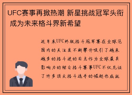 UFC赛事再掀热潮 新星挑战冠军头衔 成为未来格斗界新希望